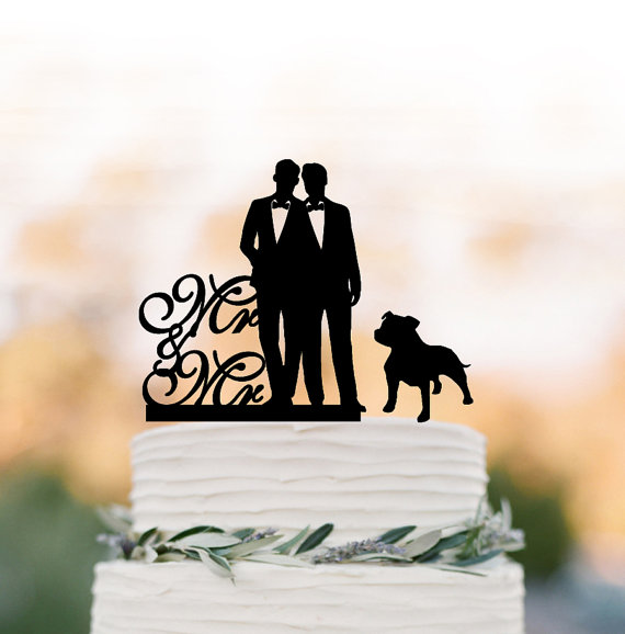 Hochzeit - Gay Wedding Cake topper mr and mr, Cake Toppers with dog, gay silhouette, cake topper for wedding, same sex cake topper