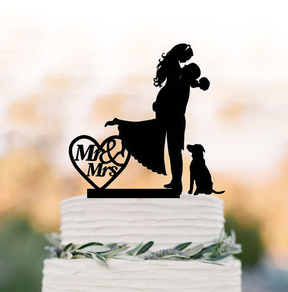 Mariage - Mr And Mrs Wedding Cake topper with dog, Bride and groom silhouette funny wedding cake topper with heart, Funny Wedding cake topper