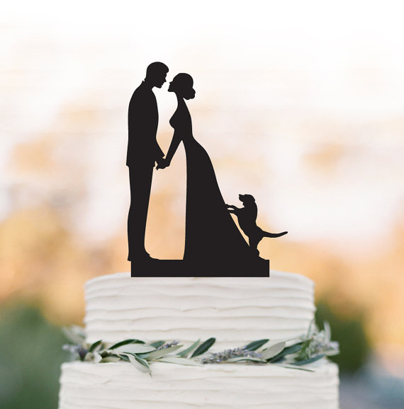 Wedding - Wedding Cake topper with dog, family Cake Topper with bride and groom silhouette, funny wedding cake topper, anniversary cake topper