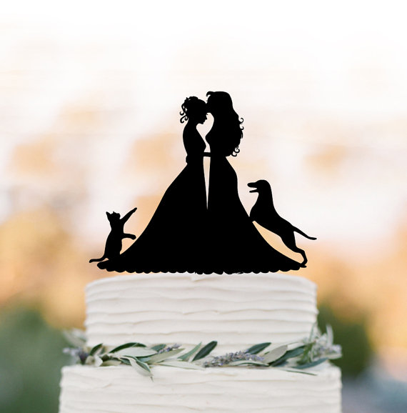 Wedding - Lesbian wedding cake topper with cat. same sex wedding Cake Topper with dog, silhouette cake topper, mrs and mrs wedding cake decoration
