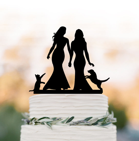 Hochzeit - Same sex wedding cake topper with cat. lesbian wedding Cake Topper with dog, silhouette cake topper, mrs and mrs wedding cake decoration