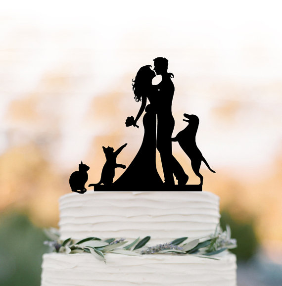 Свадьба - Funny wedding cake topper with cat. wedding Cake Topper with dog, silhouette cake topper, Rustic wedding cake decoration