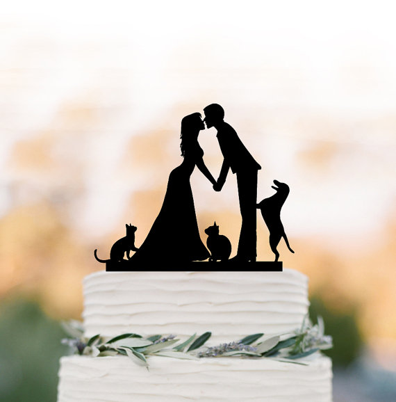 Mariage - Wedding Cake topper with Cat, Wedding cake topper with dog. Topper with bride and groom silhouette, funny cake topper, family cake topper