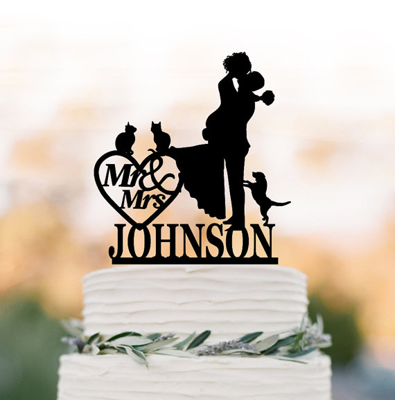 Hochzeit - Custom Wedding Cake topper mr and mrs, Cake Toppers with dog, bride and groom silhouette, cake toppers with cat, 2 cats cake topper