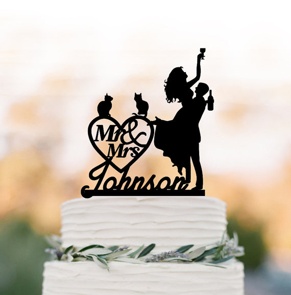 Wedding - Personalized Wedding Cake topper mr and mrs, Cake Toppers with cat bride and groom silhouette, funny wedding cake toppers customized