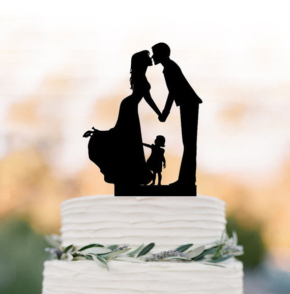 Wedding - Family Wedding Cake topper with girl, wedding cake toppers silhouette, funny wedding cake toppers with child Rustic edding cake topper