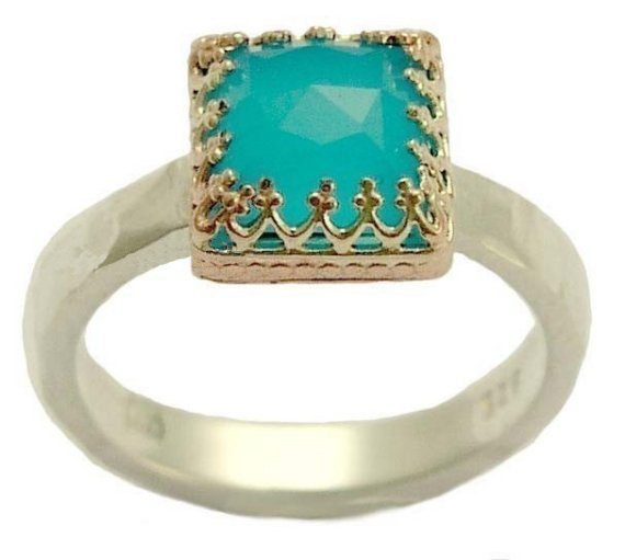 Wedding - Ocean Quartz Ring, blue gemstone ring, silver and rose gold ring, Victorian ring, rose gold crown ring, hammered ring - Kingdom. R1095H
