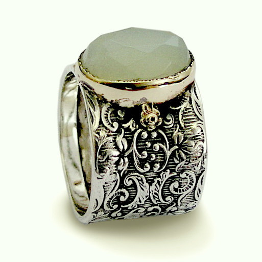 زفاف - Wide engagement ring, silver ring, jade stone ring, silver gold ring, boho ring, green jade ring, wide band, bohemian ring - Green sky R1625