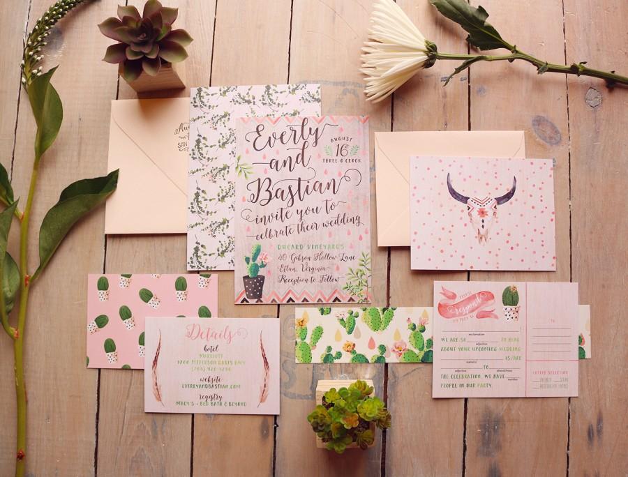 Свадьба - Desert Wedding Invitation - Cacti Wedding Invites - Cactus Bloom Boho Hipster Invitation Suite - Printable
