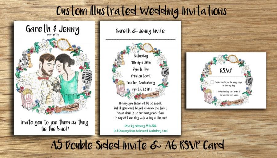 Hochzeit - Printed Illustrated Unique Design Custom Wedding Invites with RSVP Any Quantity