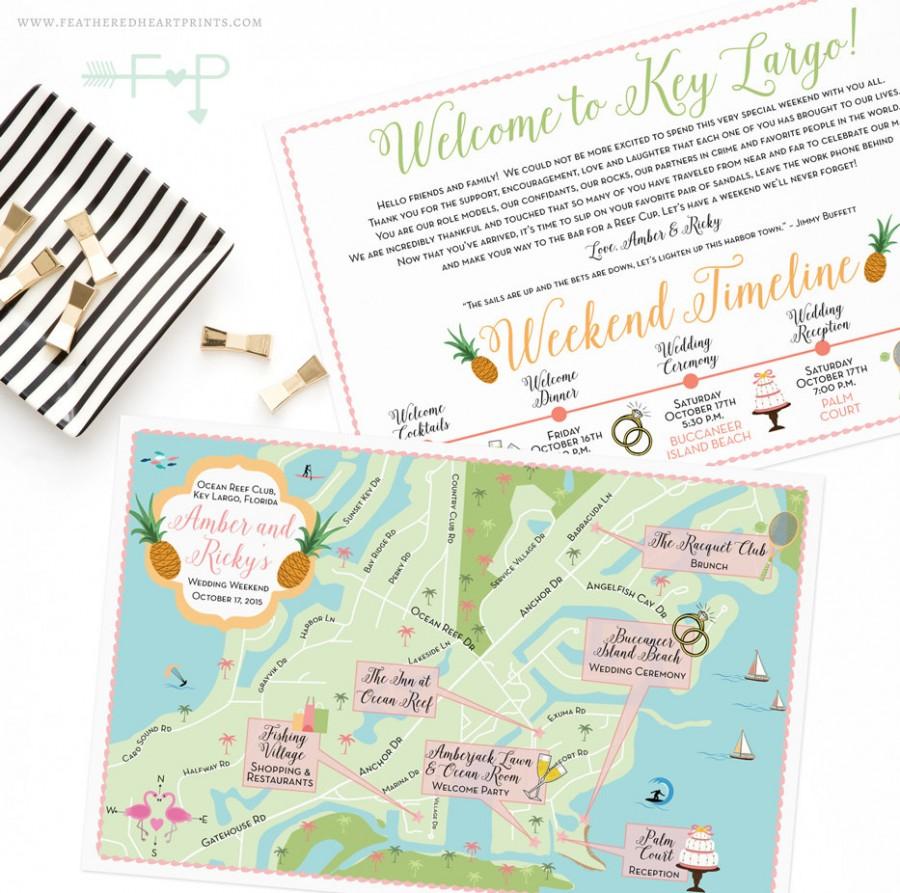 Hochzeit - Custom Wedding Map, Key Largo Map, Island Wedding,Destination Wedding, Custom Map Design, Custom Illustrated Map, Itinerary, Out of town bag