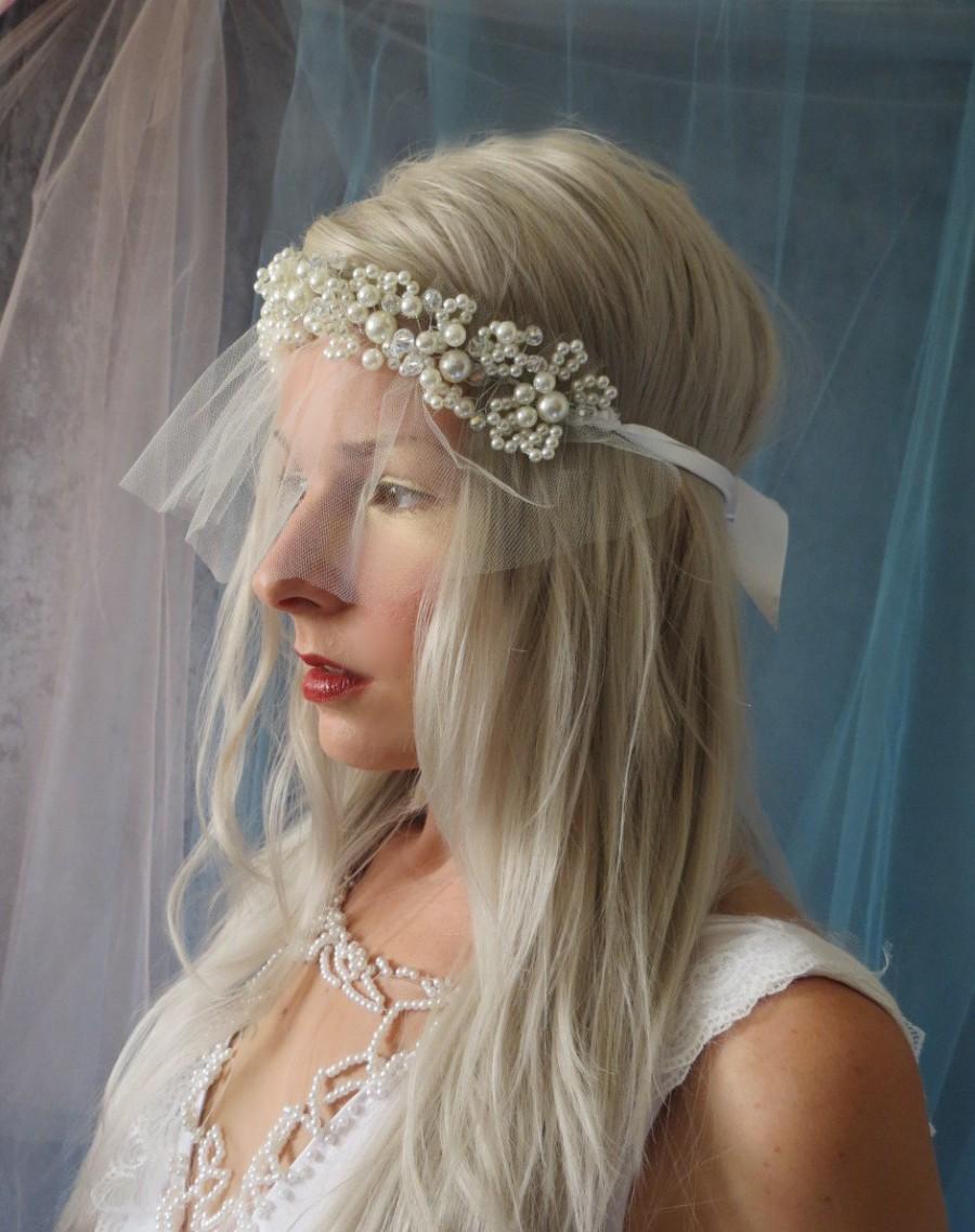 زفاف - Mini Crystal Pearl Rhinestone headpiece headband Veil blusher birdcage vintage inspired short modern wedding Bridal Veil mini short