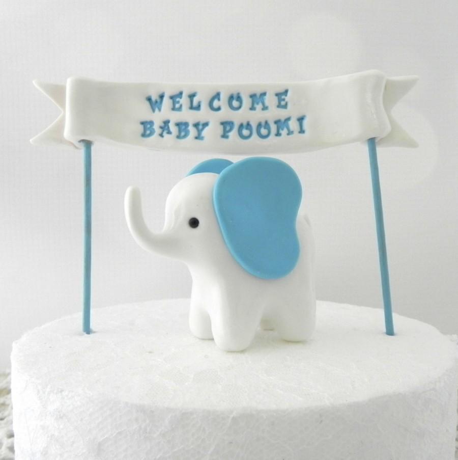 Wedding - Baby Shower Cake Topper, White and Blue Baby Boy  Elephant - "Welcome Baby" Banner, New Mommy Gift, Keepsake, Nursery Decor