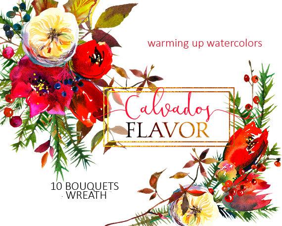 Wedding - Christmas Watercolor Clipart Red Flowers Bouquets White Burgundy Digital Floral Clip art Wreath Wedding Invitation Transparent Background