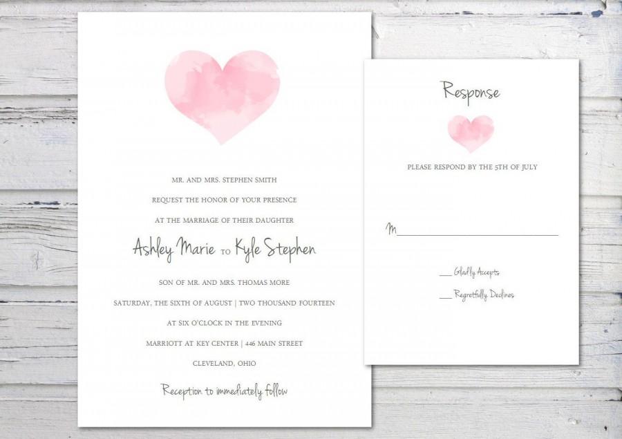 زفاف - Digital Wedding Invitation, Printable Invitation, Template, Watercolor Heart, Pink, Simple, Elegant, PDF