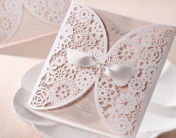 زفاف - Custom Pretty Pink Wedding Invitations Laser cut Pocket / Item # BH2065  - -  RSVP with Envelopes Seals - - - - Free Shipping Promotion
