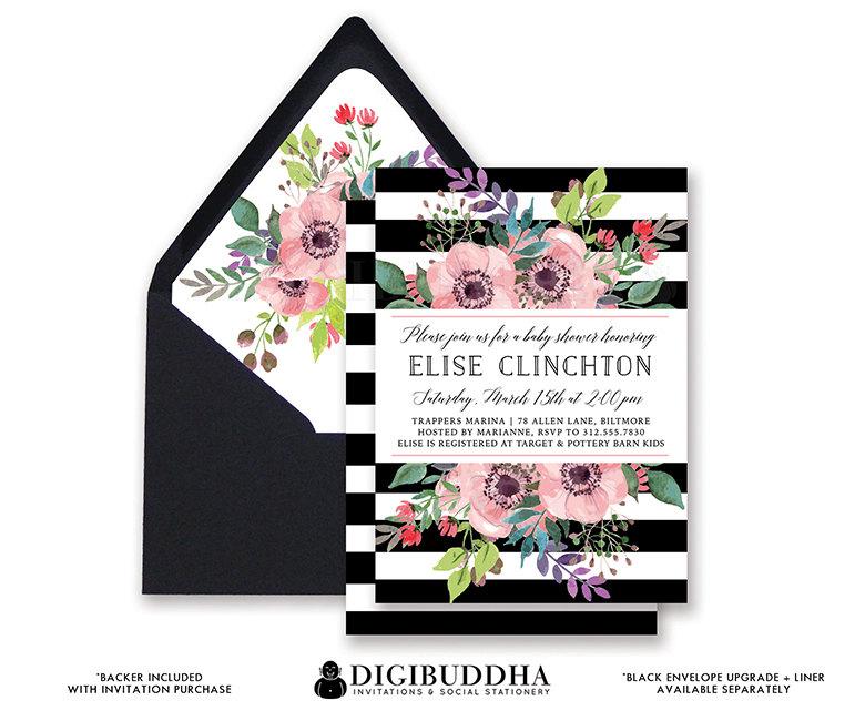 Wedding - BLACK & WHITE STRIPE Baby Shower Invitation Pink Watercolor Flowers Anemone Calligraphy Boho Chic Girl Free Shipping or DiY Printable- Elise