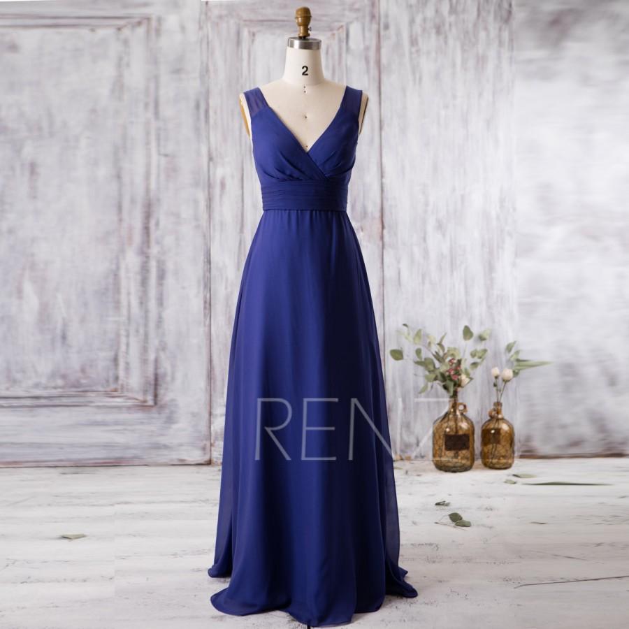 Mariage - 2016 Dark Blue Bridesmaid Dress Long, V Neck Chiffon Wedding Dress, Open Back Prom Dress, Maxi dress, Cocktail Dress Floor Length (F349)