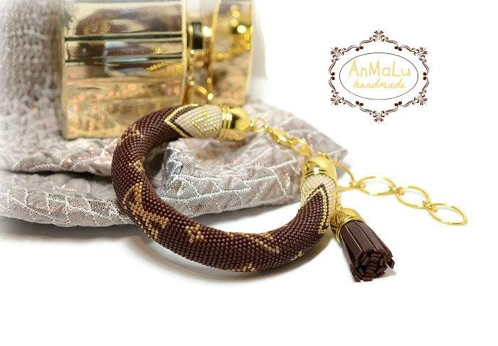 زفاف - Beaded crochet bracelet • Brown, beige, gold • Bead crochet rope • Beadwork Bracelet • Beadwork Handmade • Office style • Fashion style
