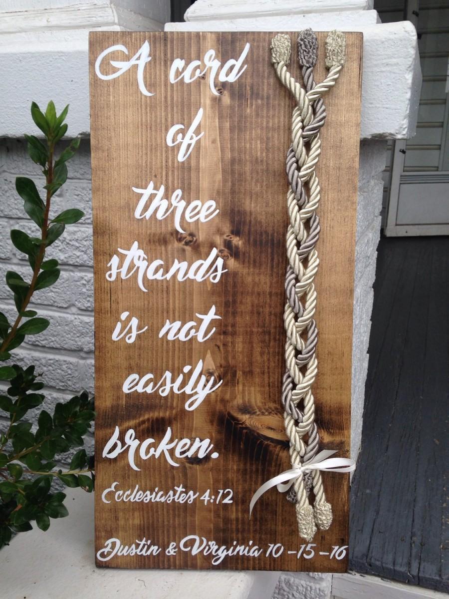 Hochzeit - A cord of three strands is not easily broken, wedding sign, wedding decor, hand painted wood sign, wedding cord sign, God's knot.