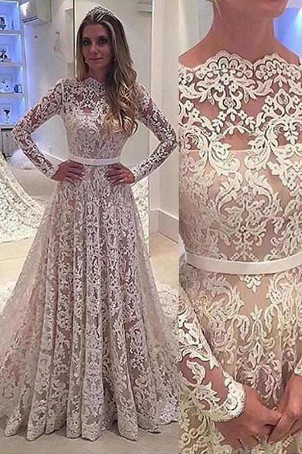 Wedding - Simple Scalloped-Edge Long Sleeves Sweep Train Lace Wedding Dress with Sash