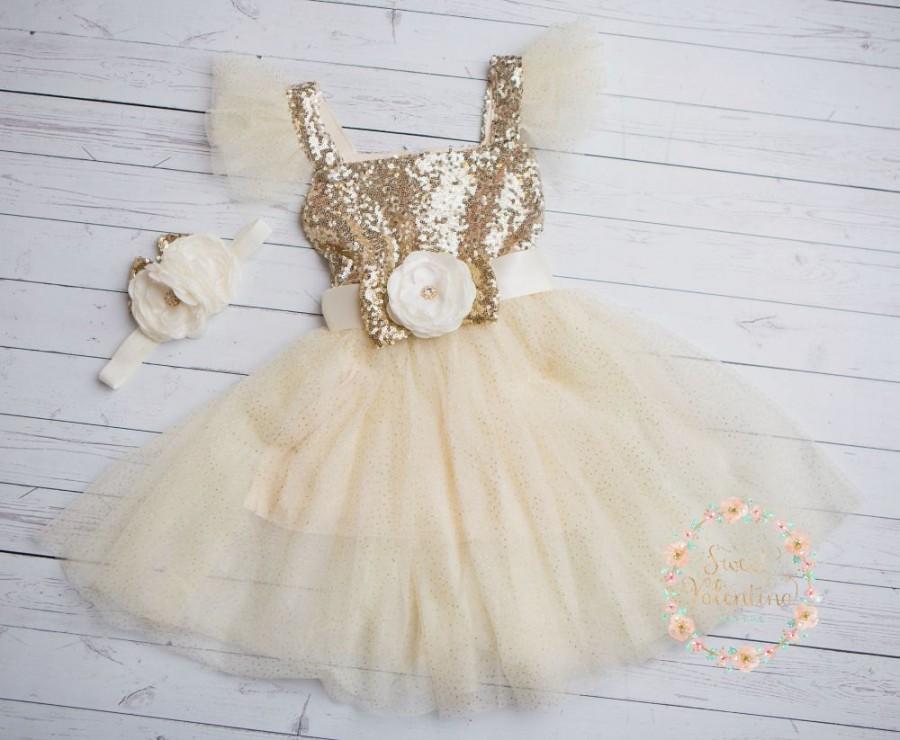 Свадьба - Flower girl dress,Ivory and gold girl dress,1st Birthday dress,Ivory Tulle dress,Christmas Dress  girls, Princess dress,rustic flower girl