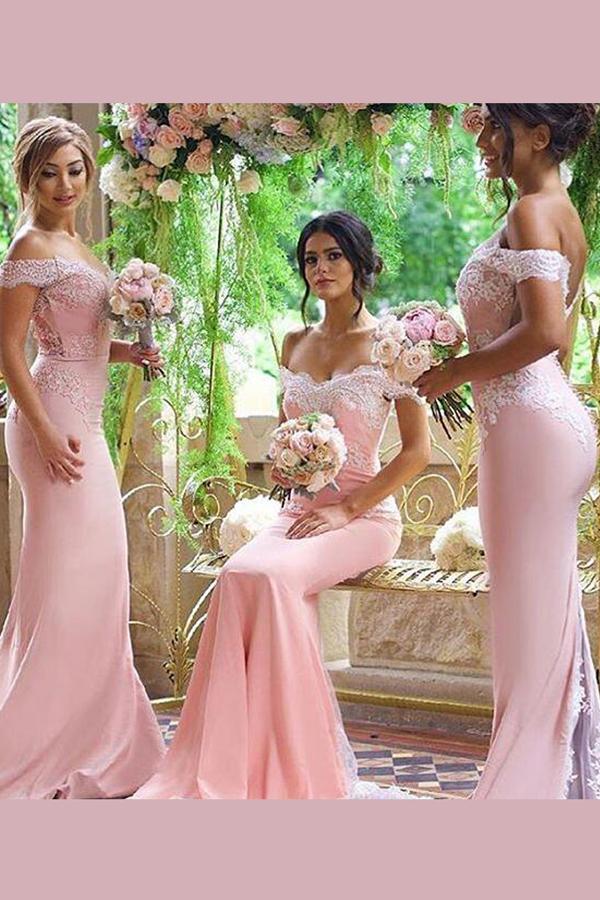 Mariage - Elegant Off-the-shoulder Sweep Train Pink Mermaid Bridesmaid Dress with Appliques