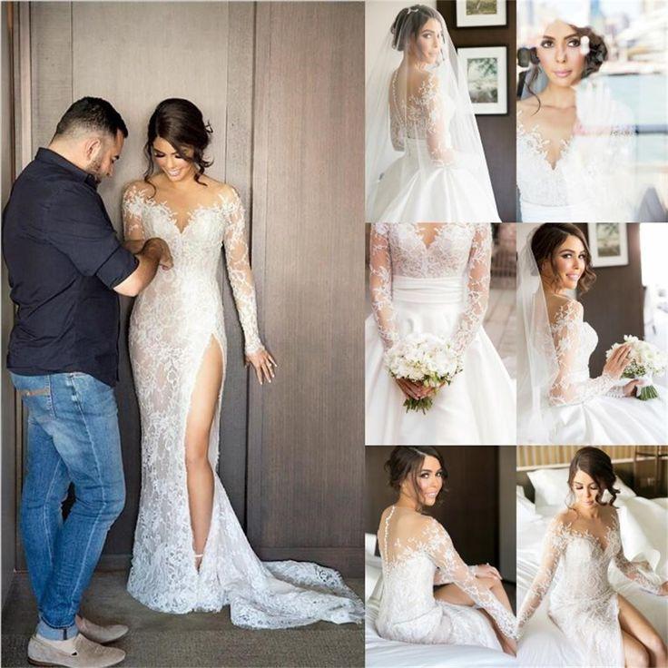 زفاف - 2017 New Full Lace Split Wedding Dresses With Detachable Satin Skirt , PD0223