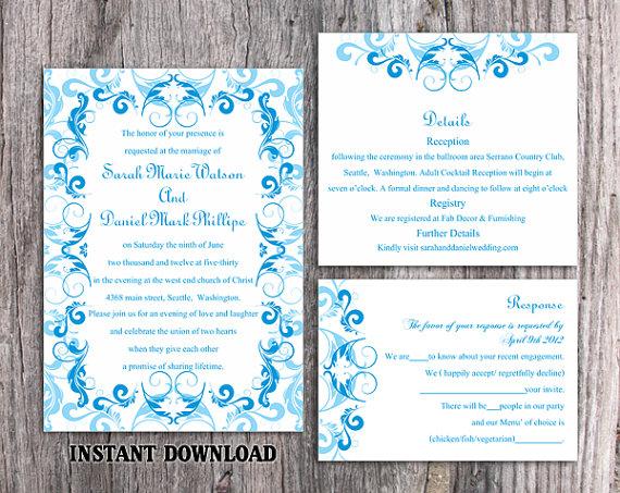 Wedding - DIY Wedding Invitation Template Set Editable Word File Instant Download Printable Blue Invitation Aqua Blue Invitation Elegant Invitations