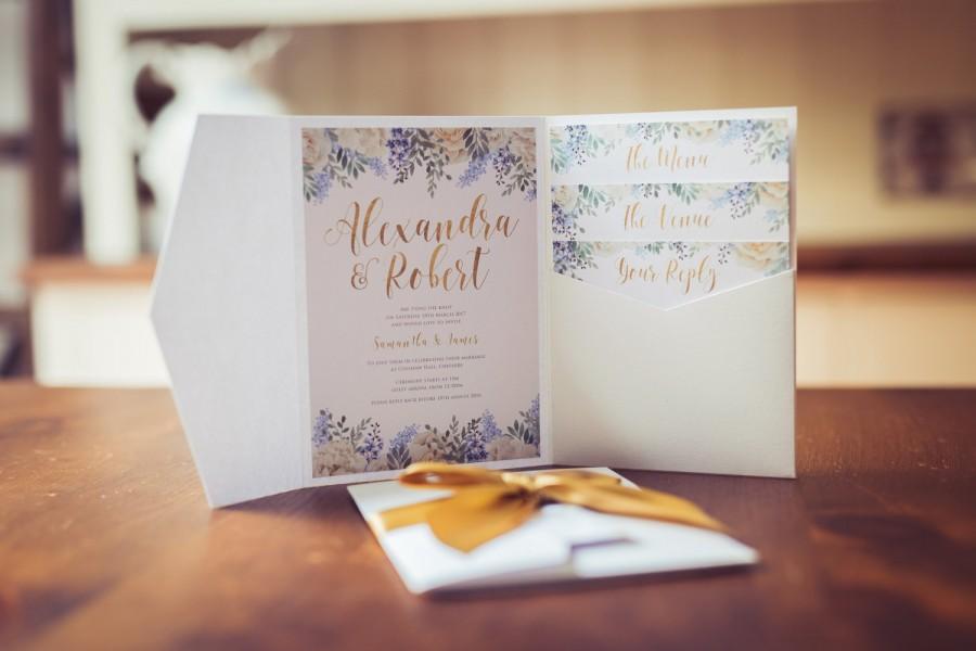 Hochzeit - Wedding Invitation Pastel Blooms in Gold & Blues 