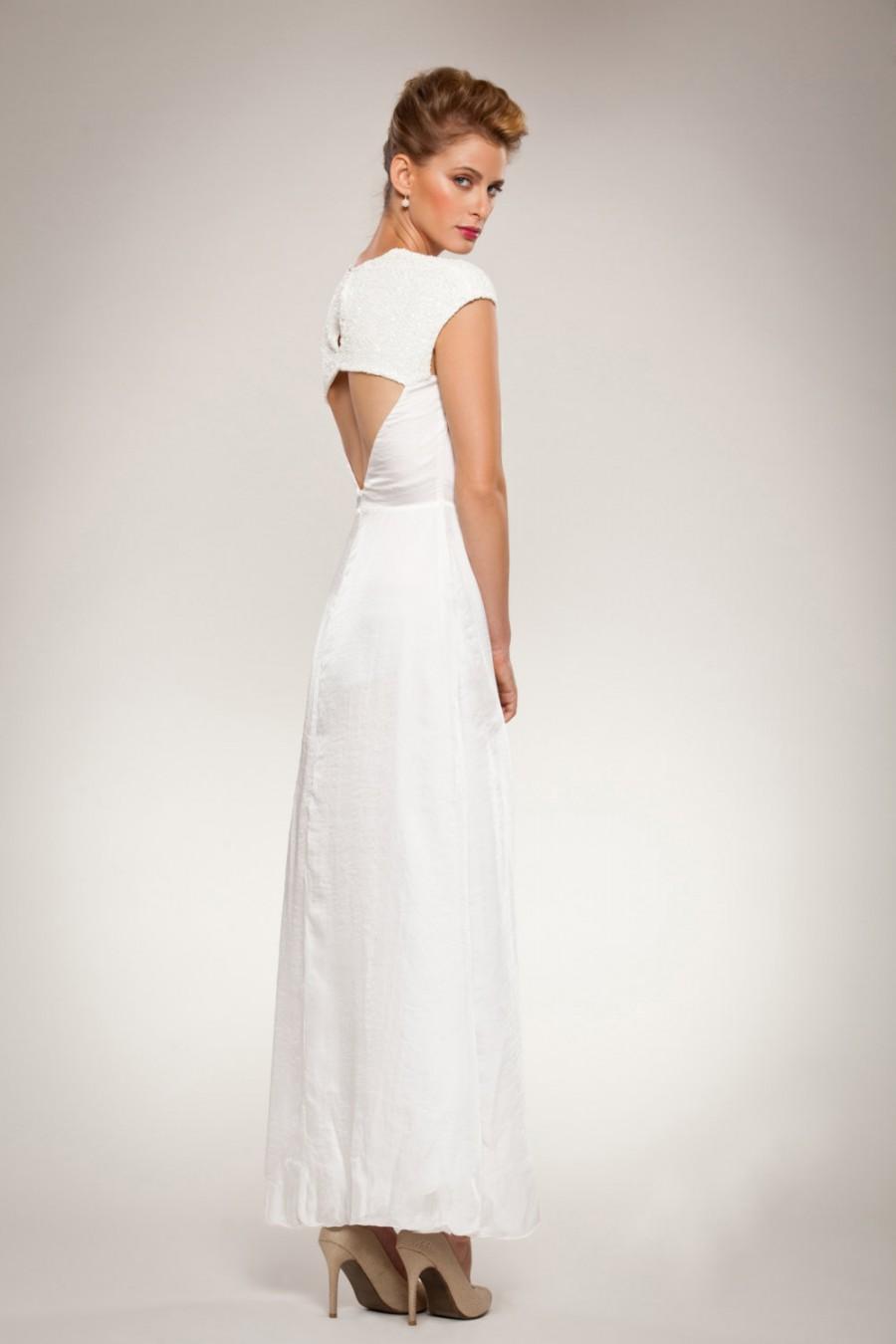 زفاف - Wedding Gown Dress with Delicate Sequins Yoke and Shoulders Fitted Waist Open Back Full Skirt Classic Minimal Old Hollywood Custom Made