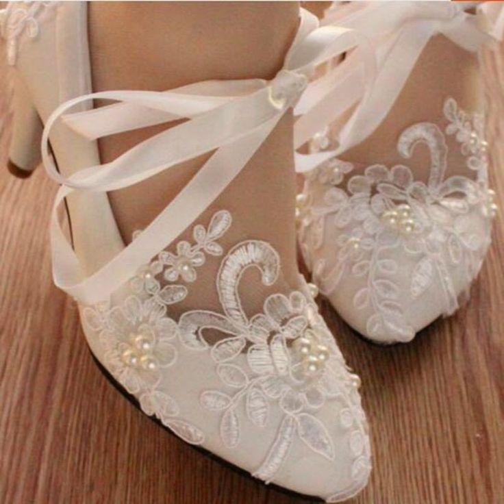 Hochzeit - Lace Pearls Pointed Toes Women Wedding Shoes With Ribbons Lace Up, S018