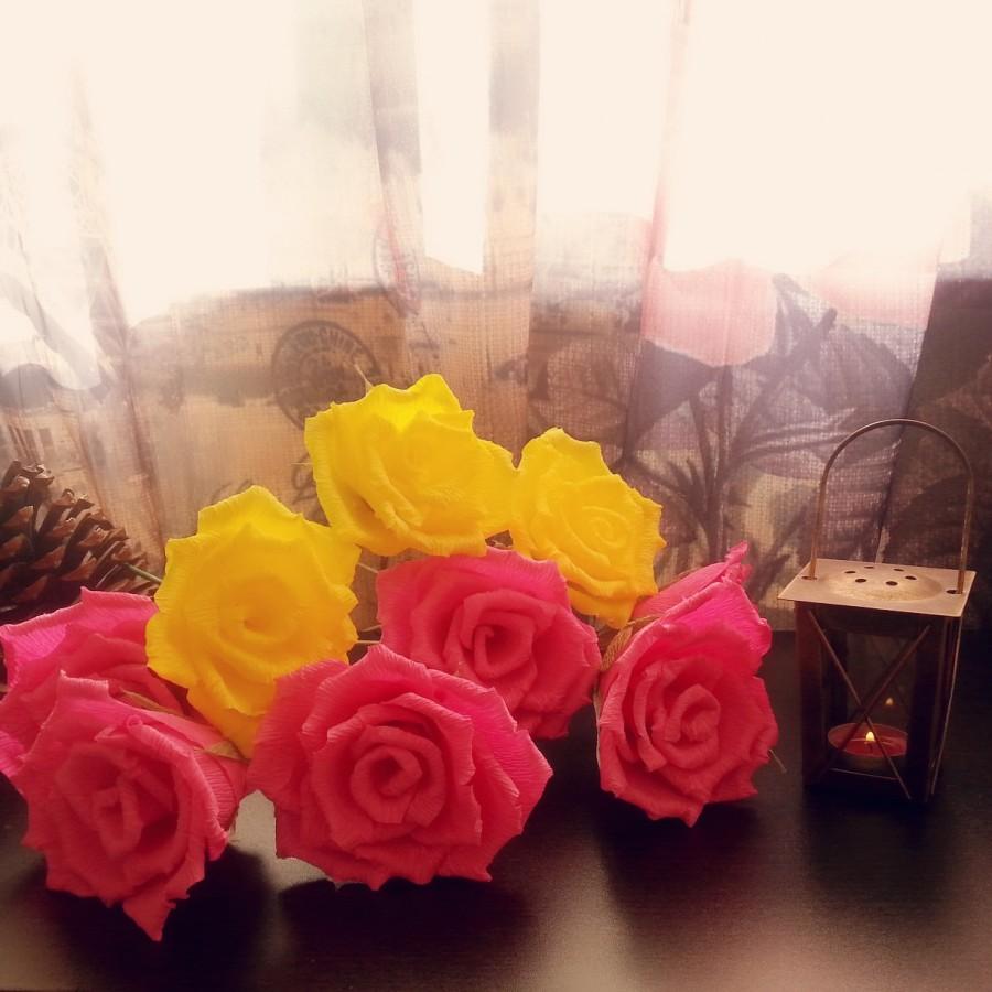 زفاف - Pink and Lemon Yellow beautiful roses, crepe paper roses, tabl decor,St.Valentine's gift, Wedding decoration, roses arrangement,gift for her