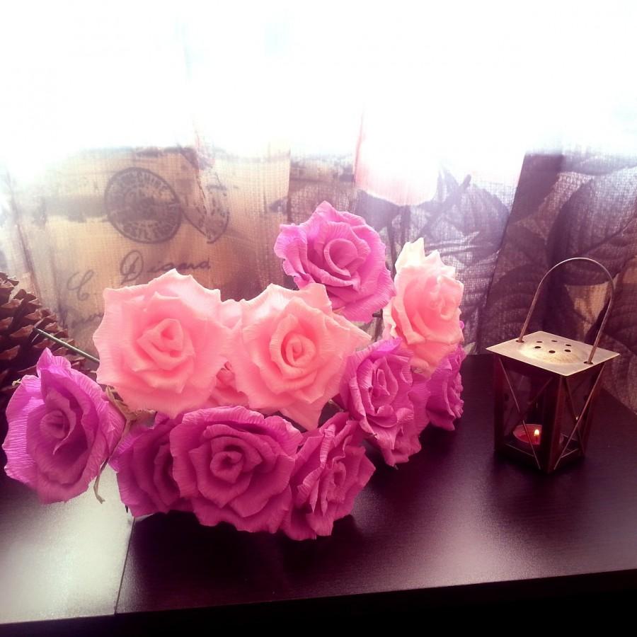 زفاف - Dark Pink and Light  Pink Crepe Paper Roses, Romantic Gift, Pink roses,Table Decor, Flower decoration, Wedding decor, gift for Her