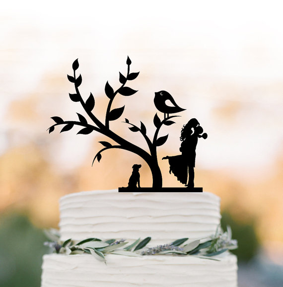 Hochzeit - Bride and groom silhouette Wedding Cake topper with dog, cake topper wedding, wedding cake topper with tree and bird, family cake topper