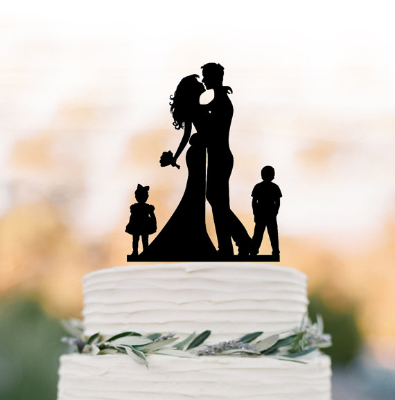 Mariage - Bride and groom silhouette Wedding Cake topper with child, cake topper wedding, wedding cake topper with boy and girl, family cake topper