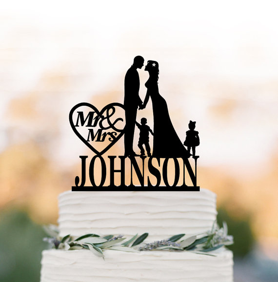 Wedding - Personalized Wedding Cake topper with child, customized cake topper for wedding, silhouette wedding cake topper with boy and girl mr and mrs