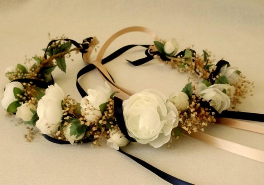 Hochzeit - Champagne wedding hair wreath accessories dried flower crown bridal Woodland circlet headpiece halo navy ribbon or request color Masquerade