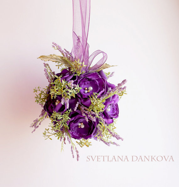 Mariage - Purple Flower Girl Pomander Wedding Kissing Ball Reception Decoration Lavender Bouquet Eggplant wedding