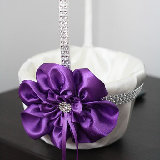 Wedding - Purple Flower Girl Basket  White and Violet Wedding Flower Girl Basket  Purple Floral Basket  Flower Petals Basket  Ceremony Accessories