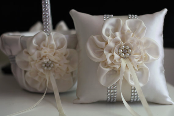 Mariage - Ivory Wedding Flower Girl Basket   Ring bearer Pillow  Ivory Beige Ring Pillow with Brooch   Ivory Petals Basket with Rhinestone Trim