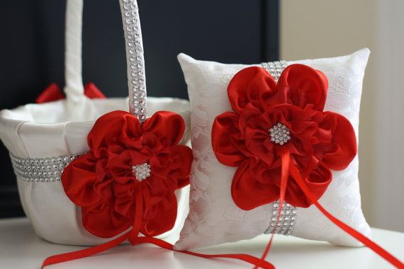 Wedding - Red White Wedding Pillow Basket Set  Red Flower Girl Basket and Ring bearer Pillow  Lace Wedding Pillow Basket Set   Red Flower   Brooch