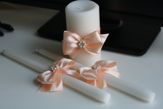 Mariage - Peach Bow Unity Candle, Stick and Pillar Wedding Candle, Bling Unity Candle, Peach Flower Decor Candle, Ivory Candle and Peach Bow