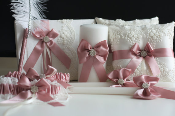 Свадьба - Dusty rose Ring Bearer Pillow   Guest Book with Pen   Bridal Garter Set   Unity candles Set  Ivory Lace Bearer with dark pink bows