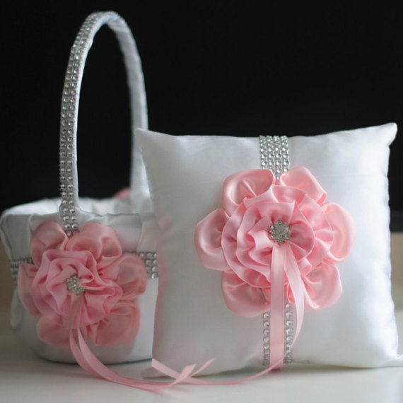 Mariage - Ring Bearer Pillow & Flower Girl Basket Set White Pink  Baby Pink Wedding Basket   Ring Pillow with pink flower and brooch