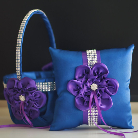Mariage - Blue & Plum Flower Girl Basket   Ring Bearer Pillow Set with brooch  Royal Blue Wedding Basket   Ring Pillow with Plum flower