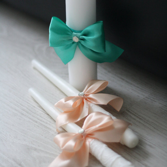 زفاف - Mint Peach Unity Candles, White Pillar and Stick Wedding Candle, Mint green and peach Handmade Bow Unity Candle, Candles with Ribbon Bow