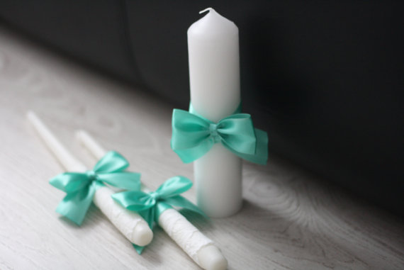 Wedding - Mint White Unity Candles, Pillar and Stick Wedding Candle, Mint green Handmade Bow Unity Candle, Candles with Ribbon Bow