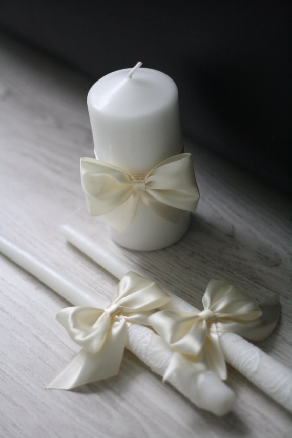 Mariage - Ivory Wedding Candles Pillar and Stick, Ivory Unity Candles, Handmade Bow Unity Candle, Candles with Ribbon Bow