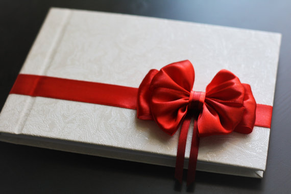 Wedding - Red and White Wedding Guest Book, Red Bow Wedding Journal, White Bridal Book, White and Red Book for Guest, Red Colour Wedding Guest Book
